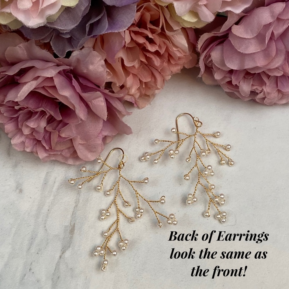 Delicate Gold and Pearl Bridal Dangle Earrings - Picture 15 of 16